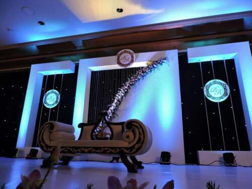 White and Blue Wedding Stage Design Kerala